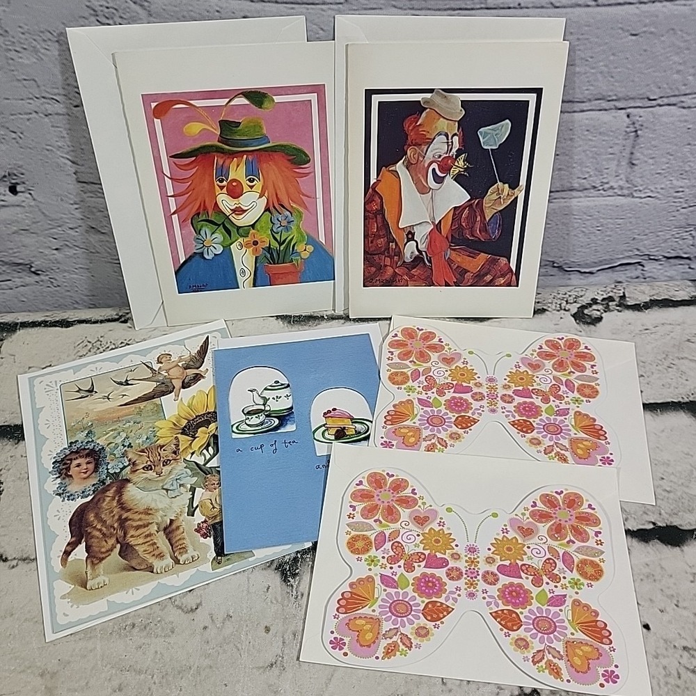 Greeting Cards Blank Inside Notecards Lot Of 6 Clowns‎ Butterflies Victorian Tea